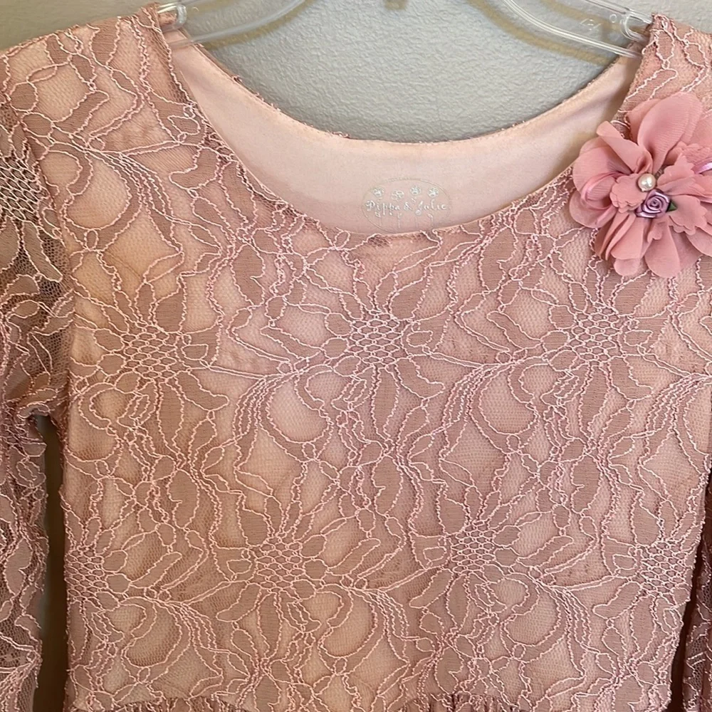 Pippa & Julie girls long sleeve LACE stretch formal dress blush pink size 14